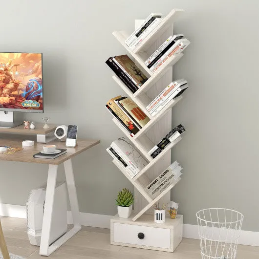 10-Tier Tree Bookshelf with Drawer and Anti-Tipping Kit-Beige