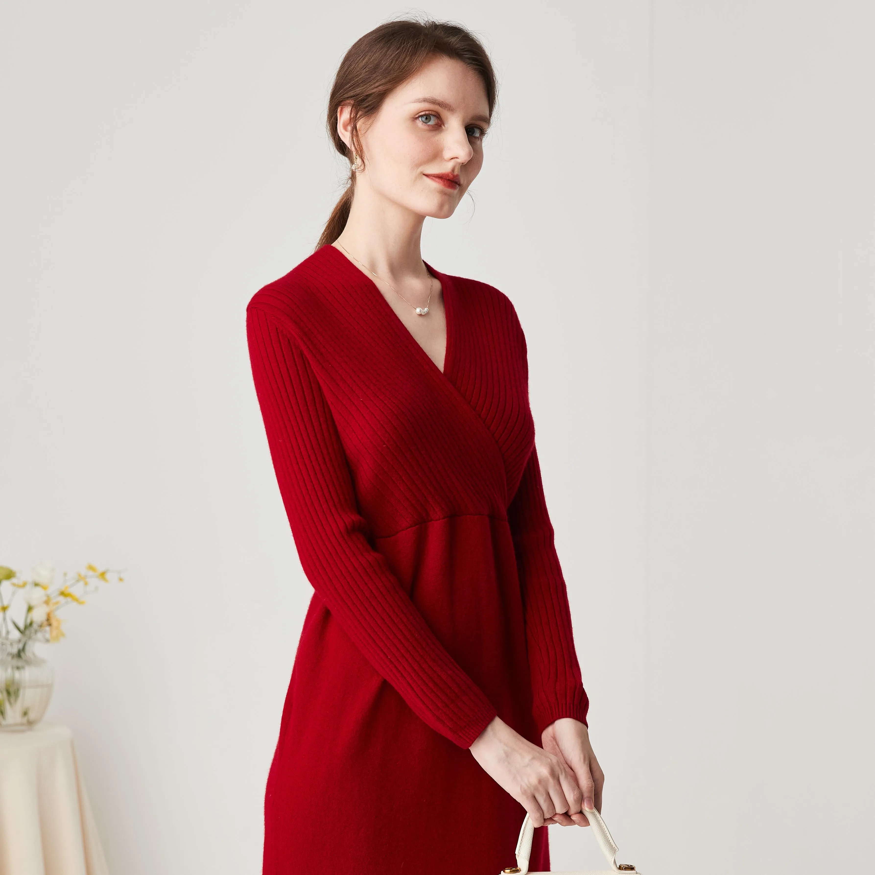 100% Cashmere Knit V-Neck Midi Dress