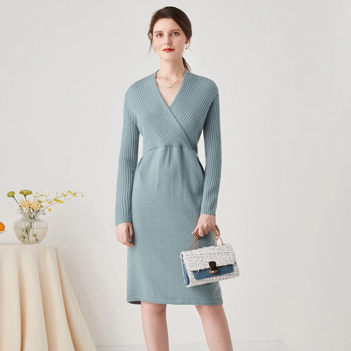 100% Cashmere Knit V-Neck Midi Dress