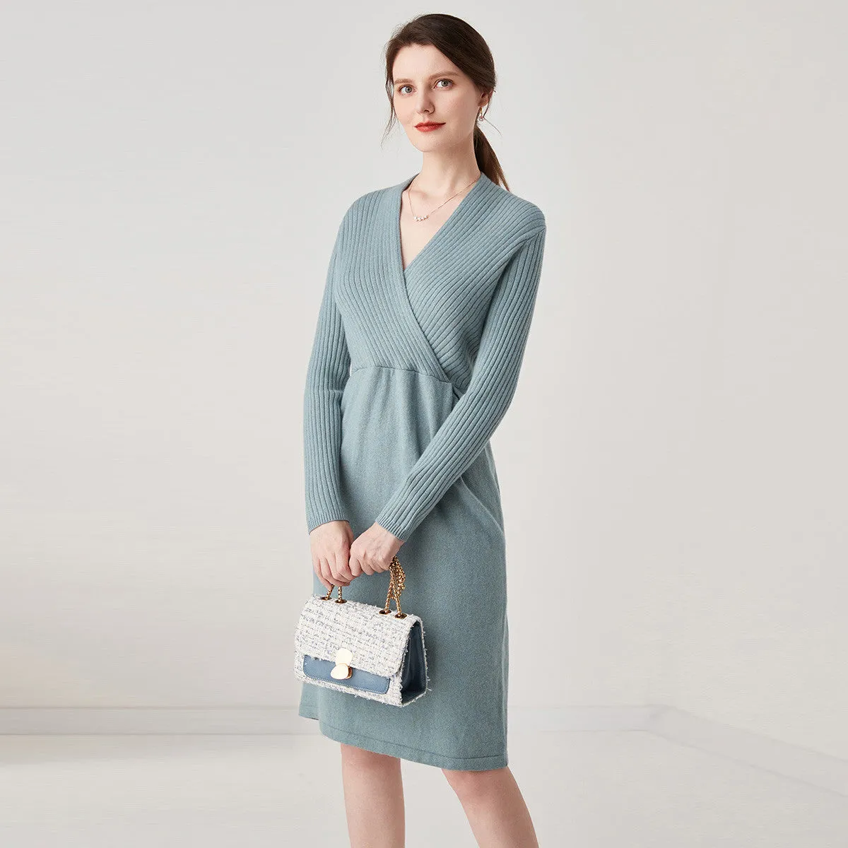 100% Cashmere Knit V-Neck Midi Dress