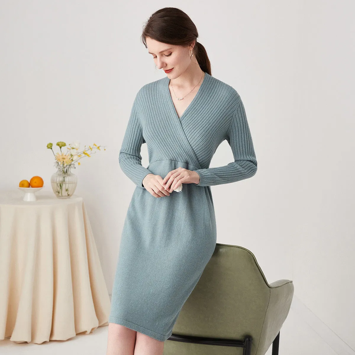 100% Cashmere Knit V-Neck Midi Dress