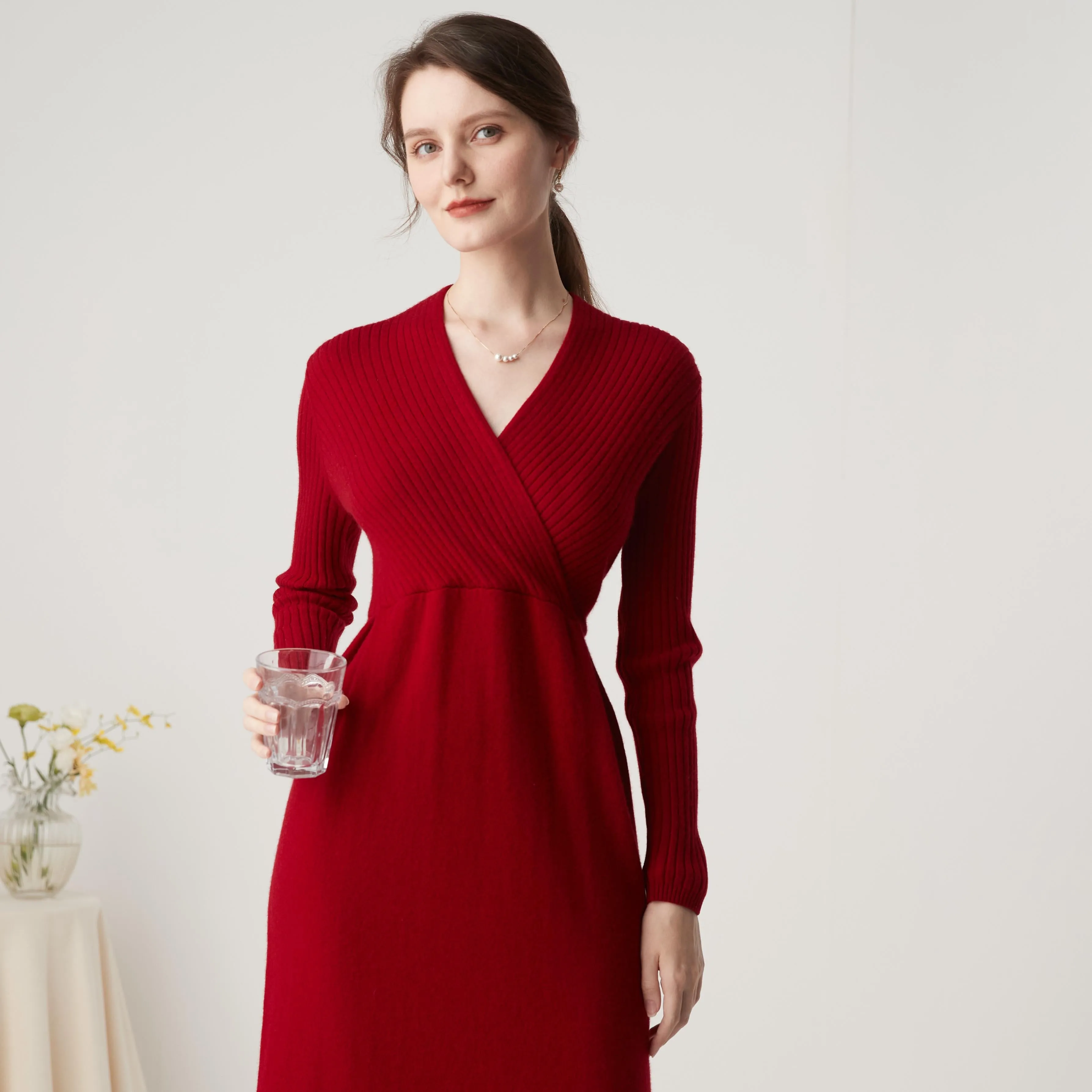 100% Cashmere Knit V-Neck Midi Dress