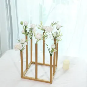 10" Gold Metal 8-Tubes Single Stemmed Flower Vase Centerpiece with Hollow Square Base, Minimalist Style Bud Vase For Floral Arrangements