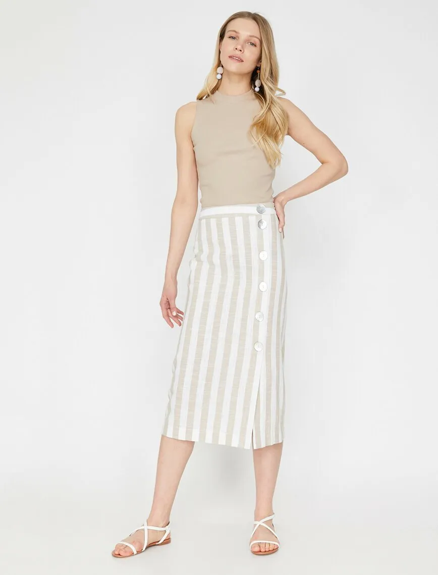 11944 Beige Striped Midi Skirt