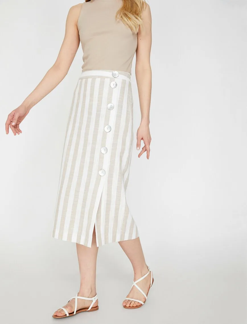 11944 Beige Striped Midi Skirt