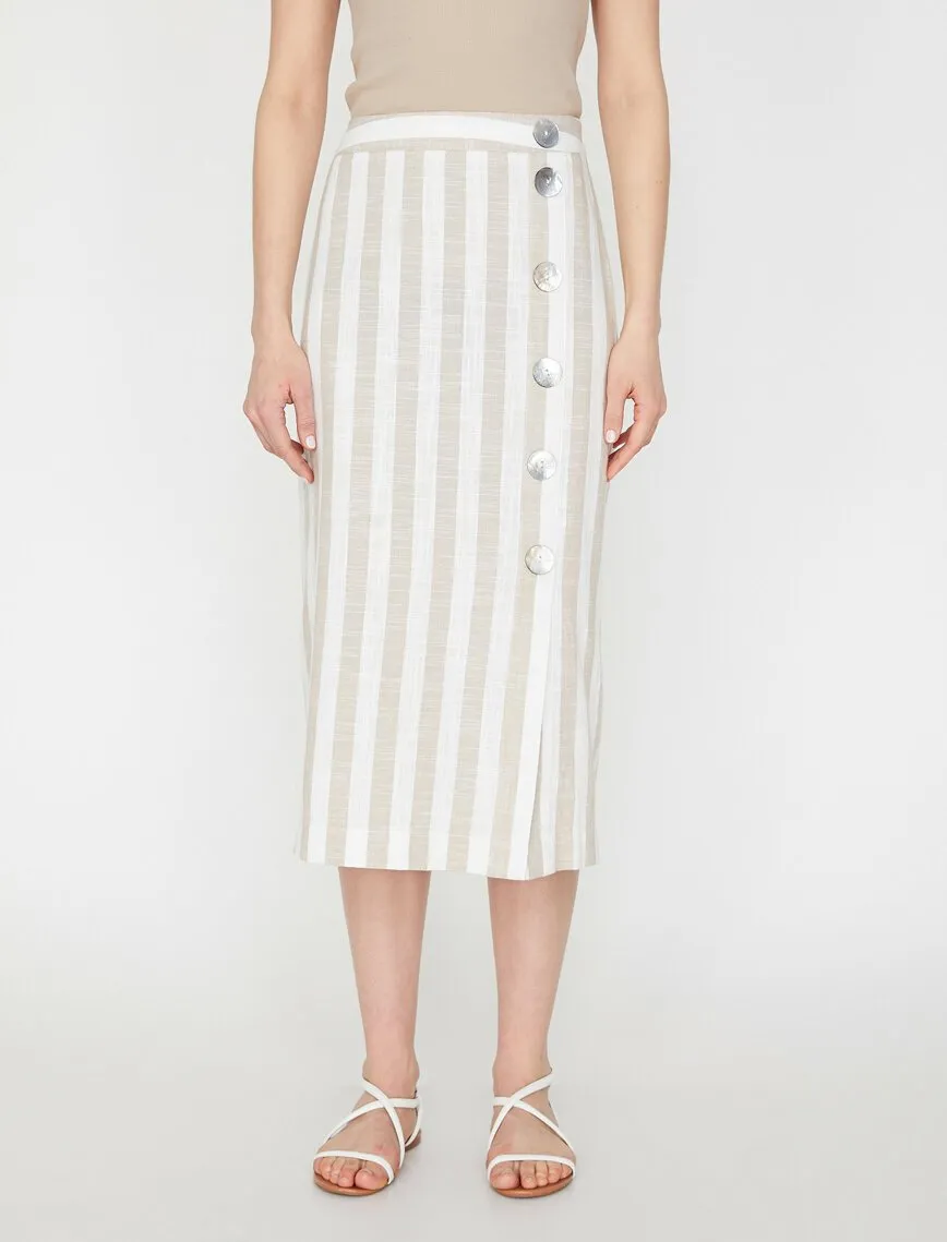 11944 Beige Striped Midi Skirt