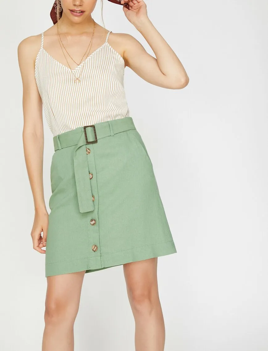 11981 Green Waist Detailed Midi Skirt