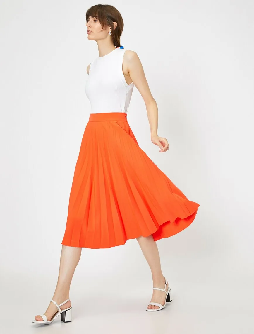 12101 Orange Frill Detailed Midi Skirt