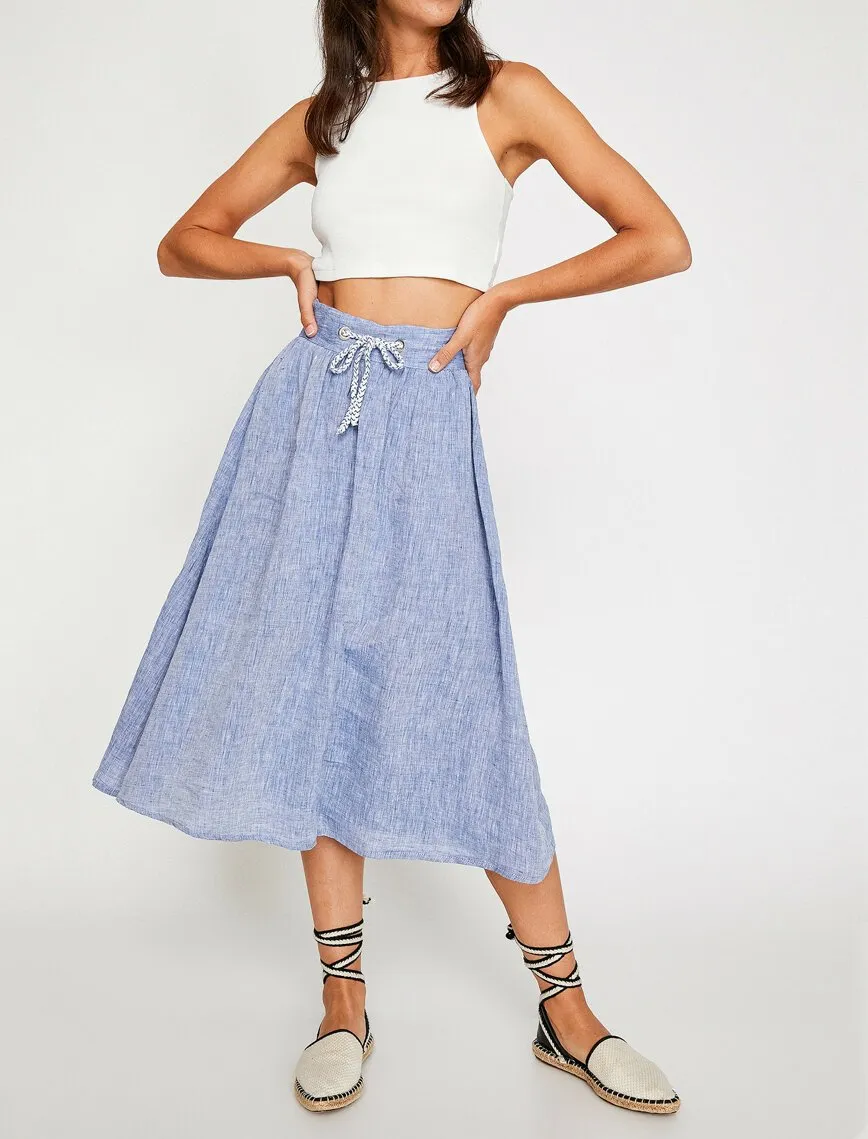 12262 Indigo Tie Waist Midi Skirt