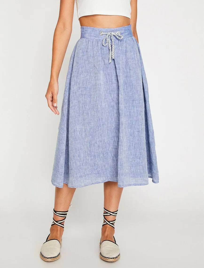 12262 Indigo Tie Waist Midi Skirt