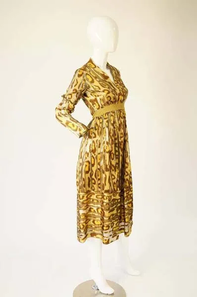 1970s Gold Leopard Print and Stripes Dress