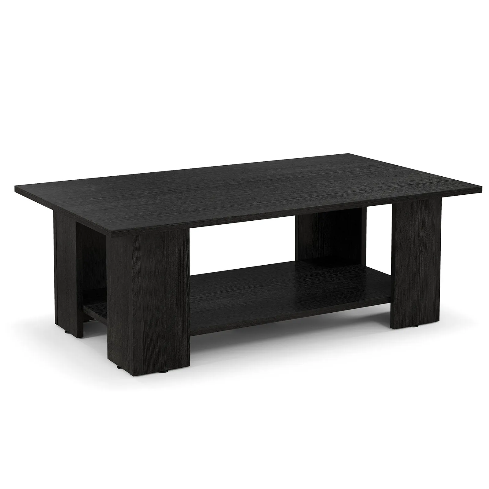 2-Tier Wooden Coffee Table with Storage Shelf and 5 Support Legs-Black