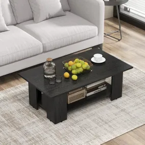 2-Tier Wooden Coffee Table with Storage Shelf and 5 Support Legs-Black