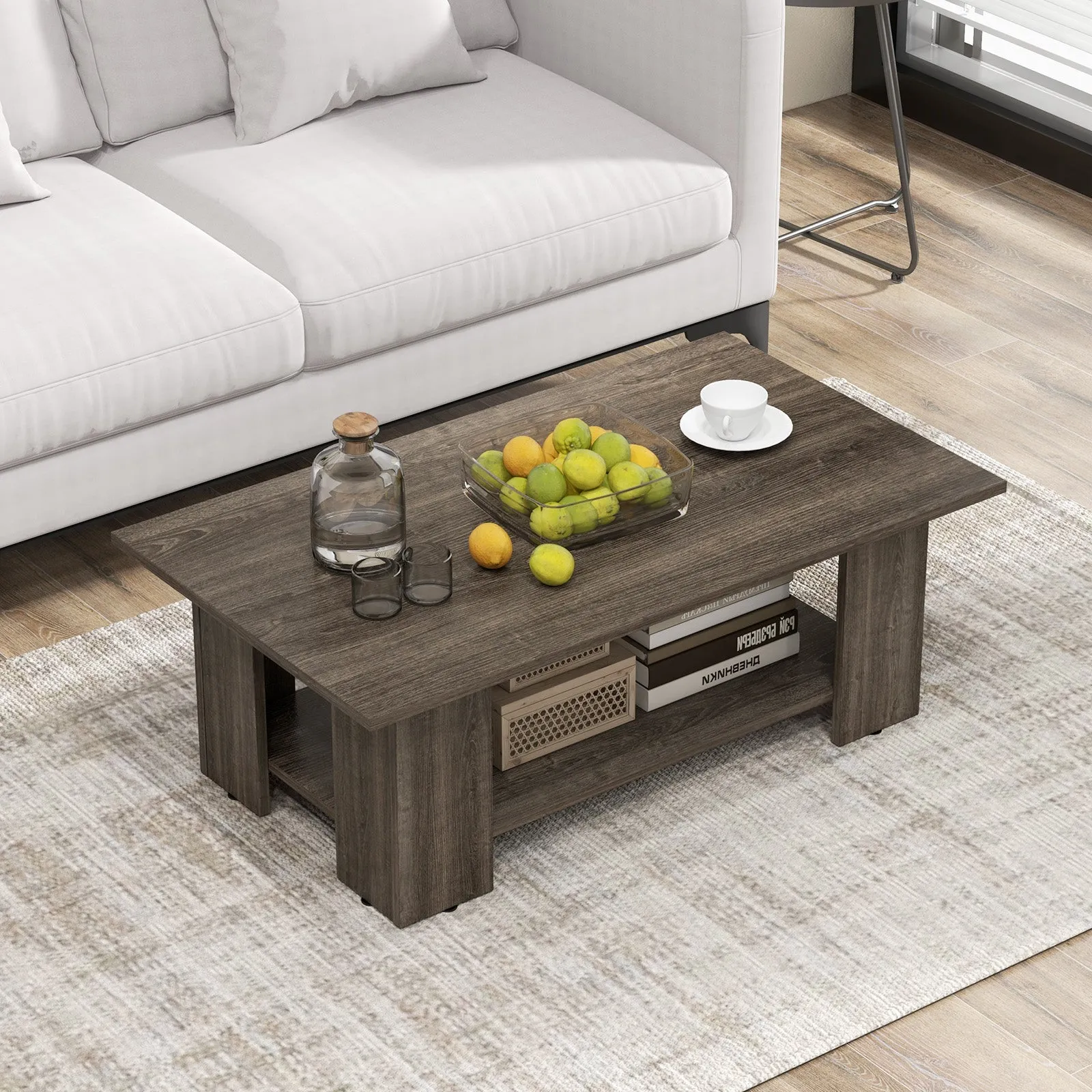 2-Tier Wooden Coffee Table with Storage Shelf and 5 Support Legs-Grey