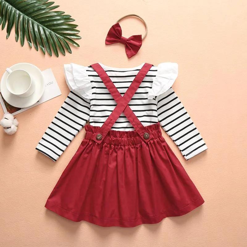 3-piece Ruffle Striped Tops & Strap Dresses & Headband for Toddler Girl