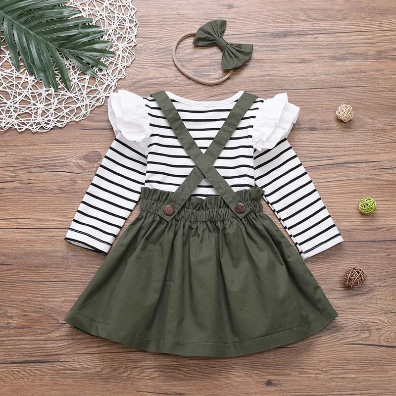 3-piece Ruffle Striped Tops & Strap Dresses & Headband for Toddler Girl