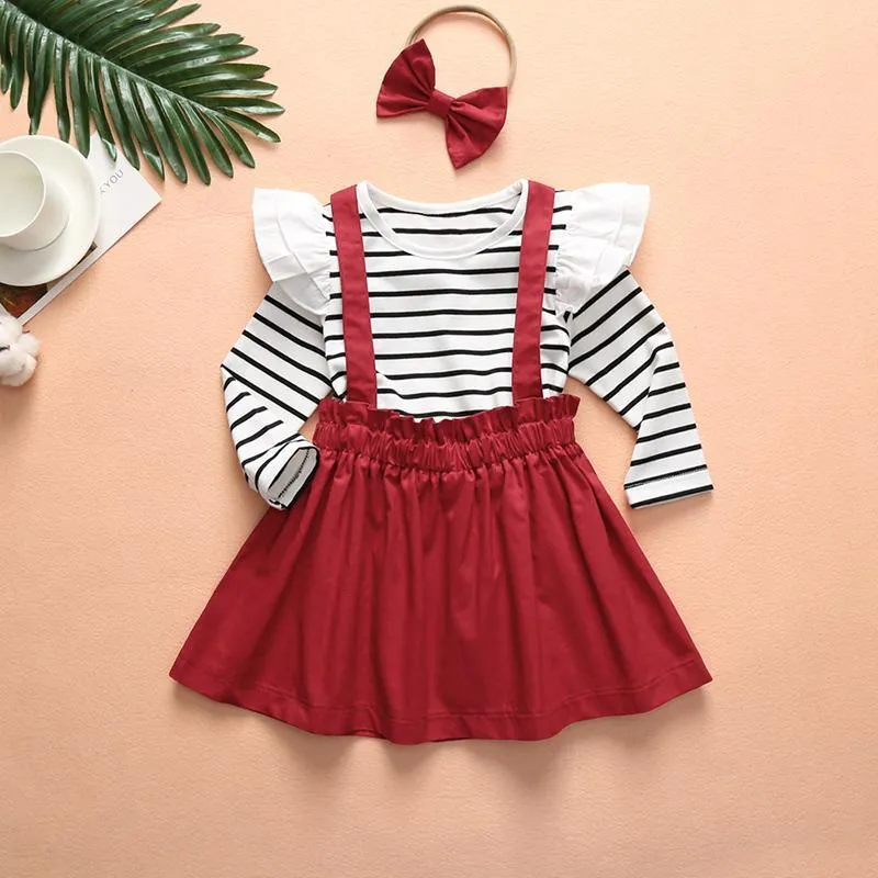 3-piece Ruffle Striped Tops & Strap Dresses & Headband for Toddler Girl