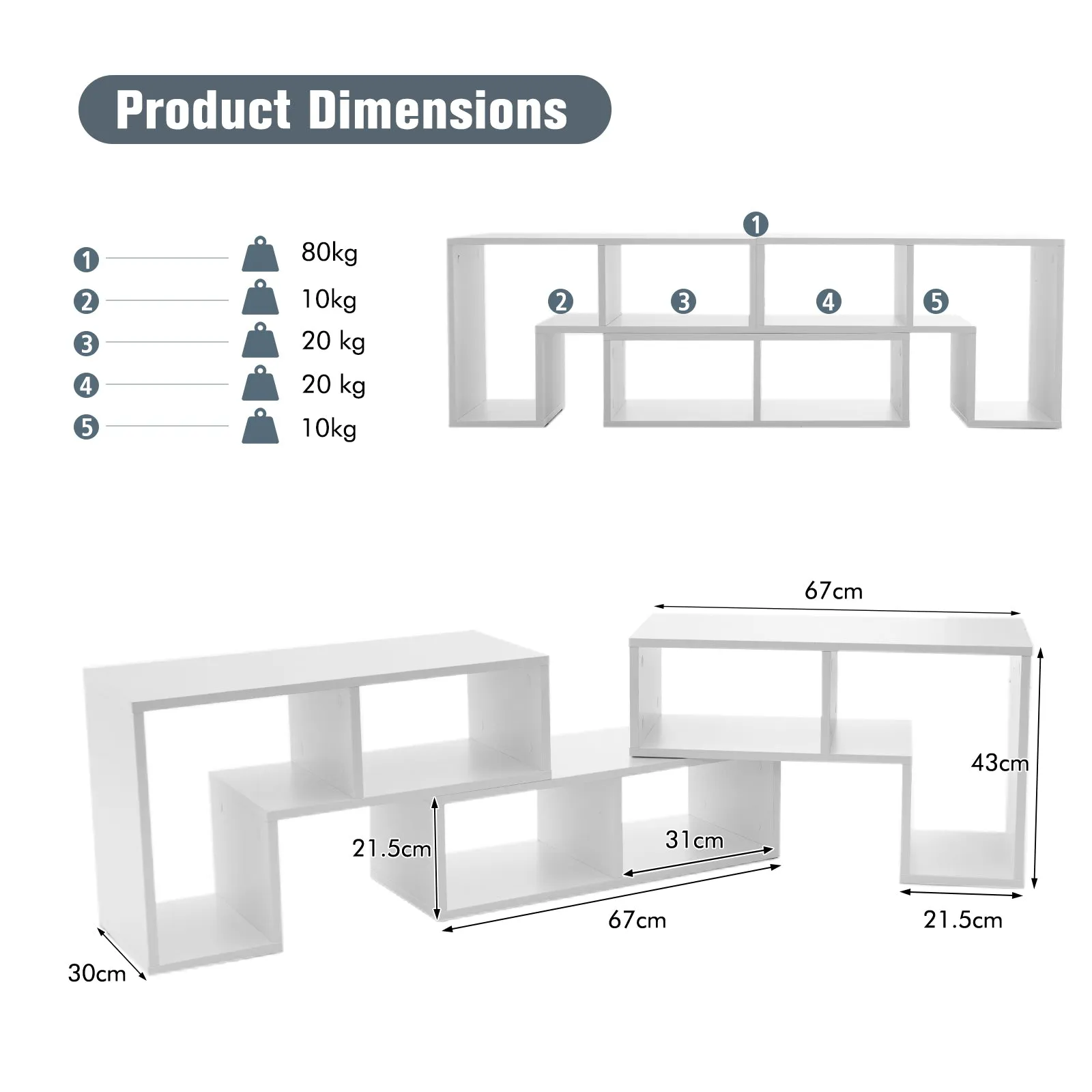 3 Pieces Convertible TV Stand for TVs up to 65 Inches-White