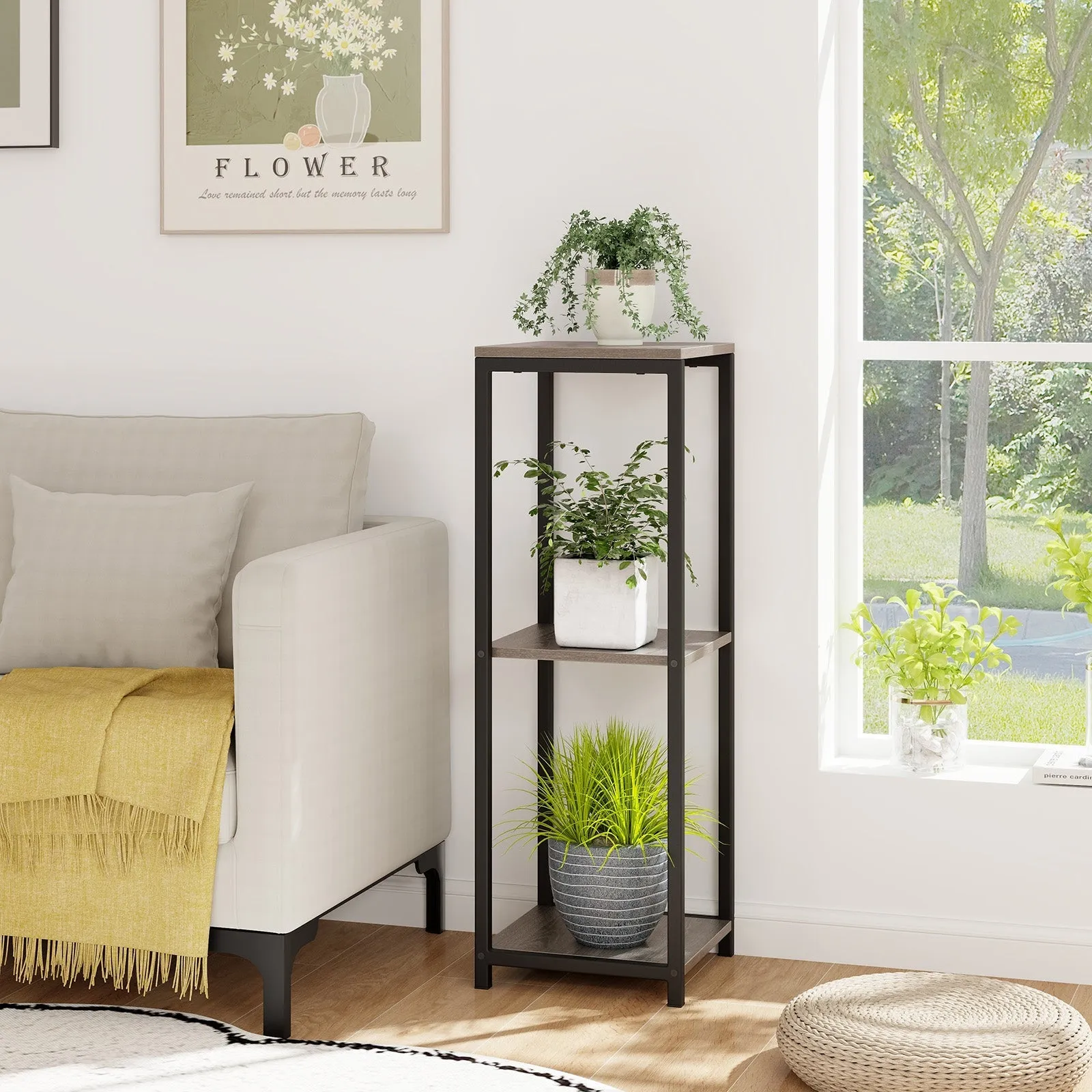 3 Tier Tall Metal Corner Plant Stand with Anti-tipping Devices-Grey