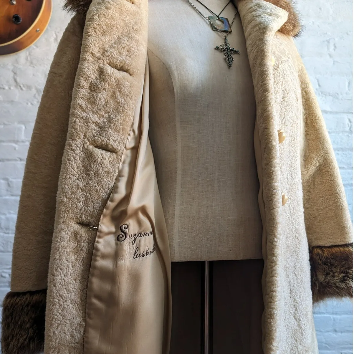 70s Vintage Wool Fox Fur Penny Lane Boucle Coat Groovy Pastel Yellow Shag Jacket