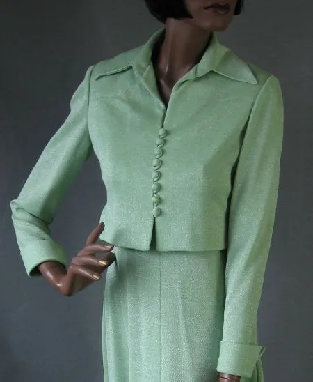 70s Women's Outfit Dress Cropped Jacket Sparkly Vintage Green Lurex Long Maxi VFG Small to Medium