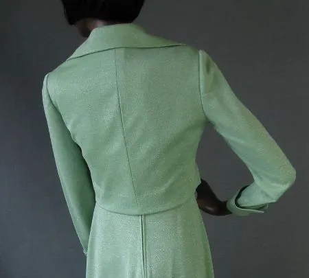 70s Women's Outfit Dress Cropped Jacket Sparkly Vintage Green Lurex Long Maxi VFG Small to Medium