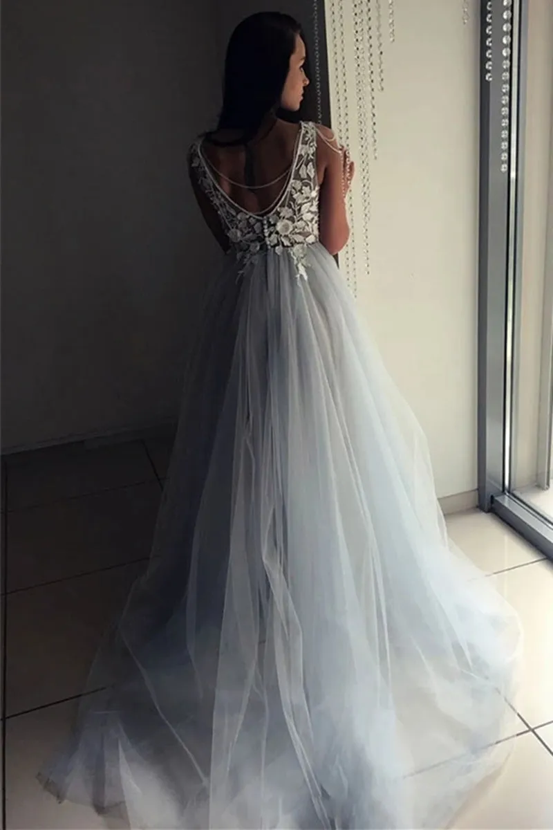 A Line V Neck Long Lace Appliques Gray Prom Dress, V Neck White Lace Gray Formal Dress, Gray Evening Dress