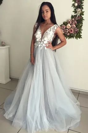 A Line V Neck Long Lace Appliques Gray Prom Dress, V Neck White Lace Gray Formal Dress, Gray Evening Dress