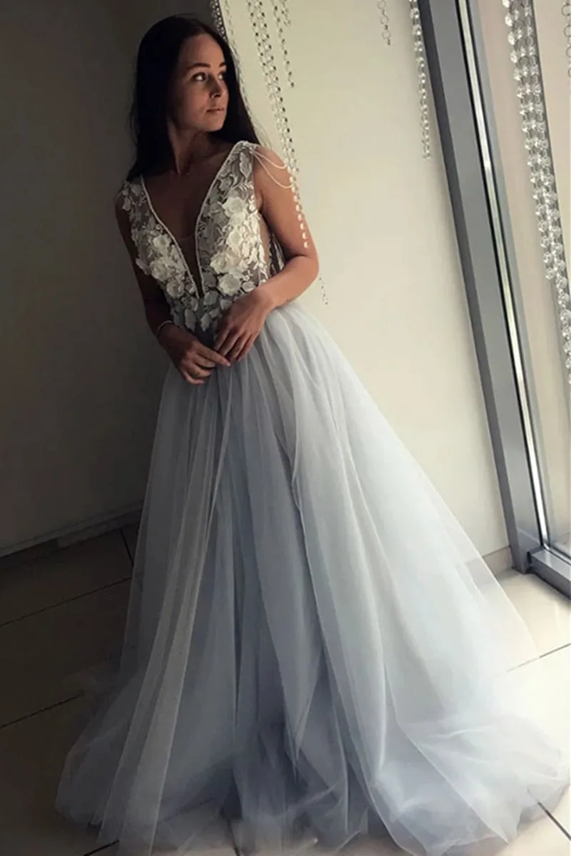 A Line V Neck Long Lace Appliques Gray Prom Dress, V Neck White Lace Gray Formal Dress, Gray Evening Dress