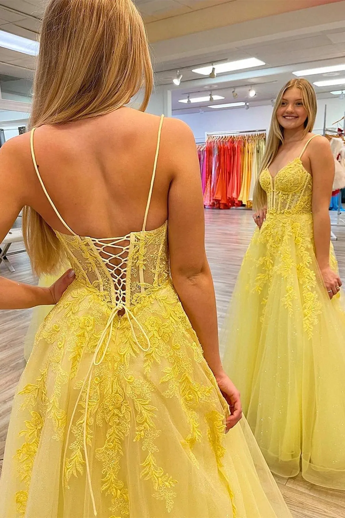 A Line V Neck Open Back Yellow Lace Long Prom Dress, Yellow Lace Formal Dress, Yellow Evening Dress A1745