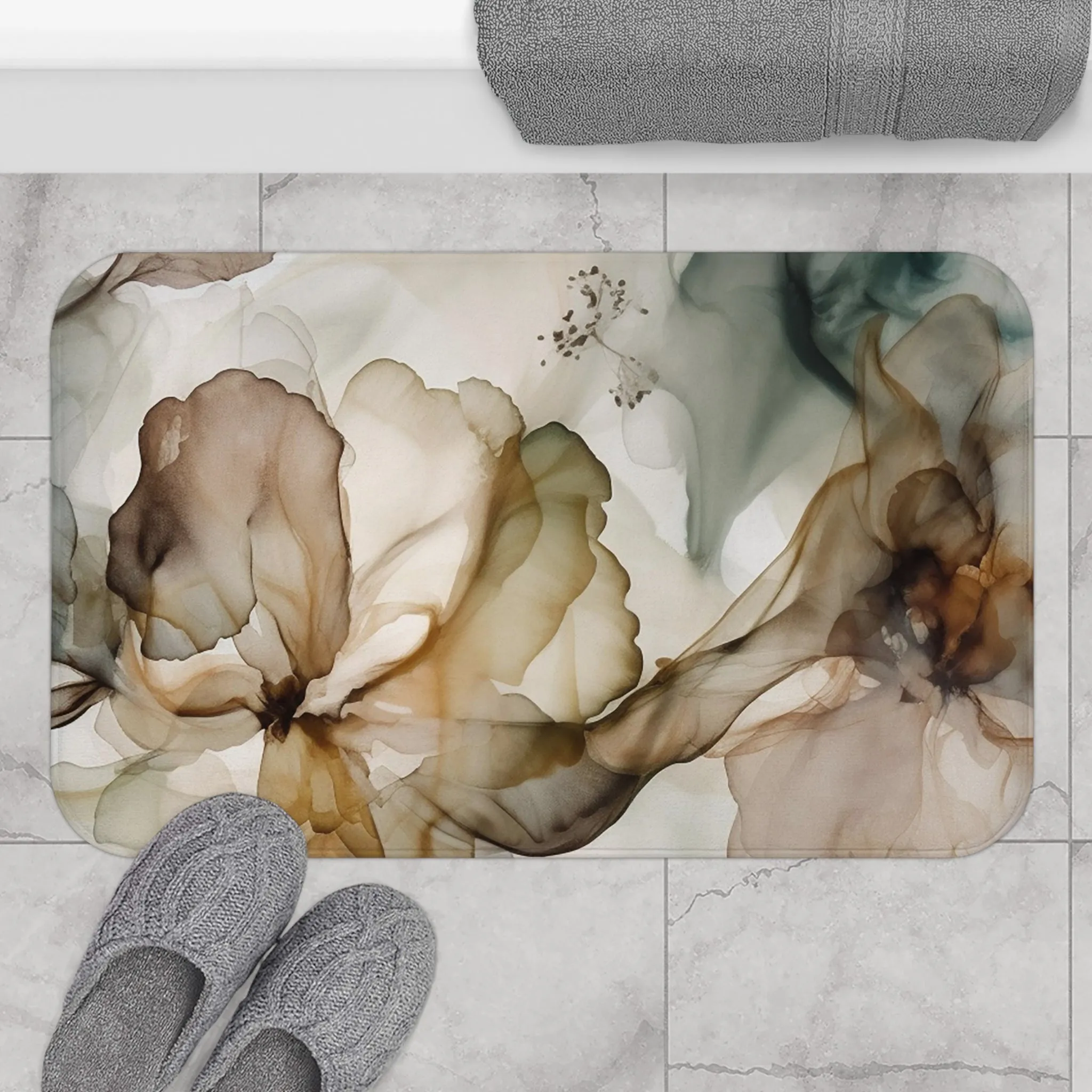 Abstract Bath, Kitchen Mat, Rug | Abstract, Brown Blush White Beige Blue Liquid Ink