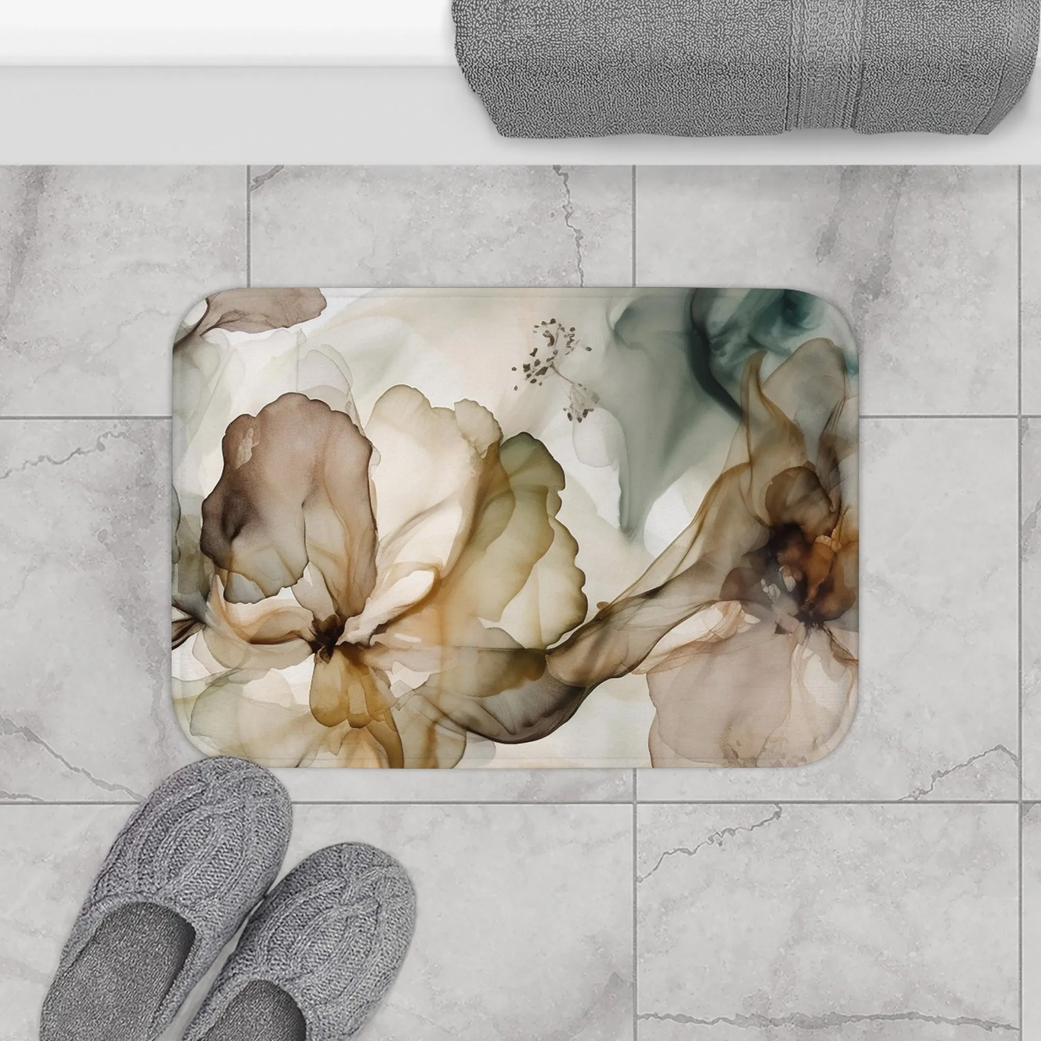 Abstract Bath, Kitchen Mat, Rug | Abstract, Brown Blush White Beige Blue Liquid Ink