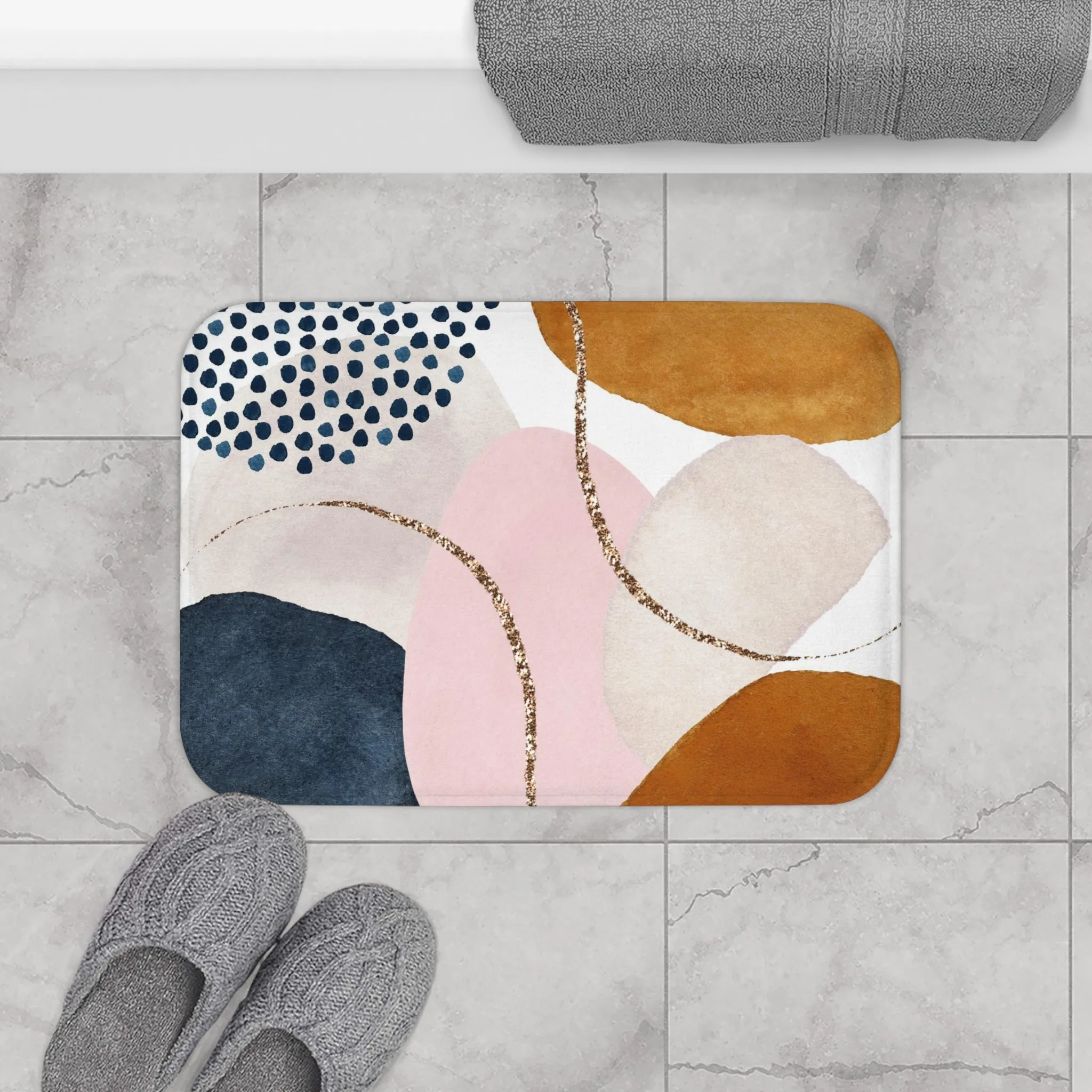 Abstract Bath, Kitchen Mat, Rug | Blush Pink, Beige Ivory, Navy Blue