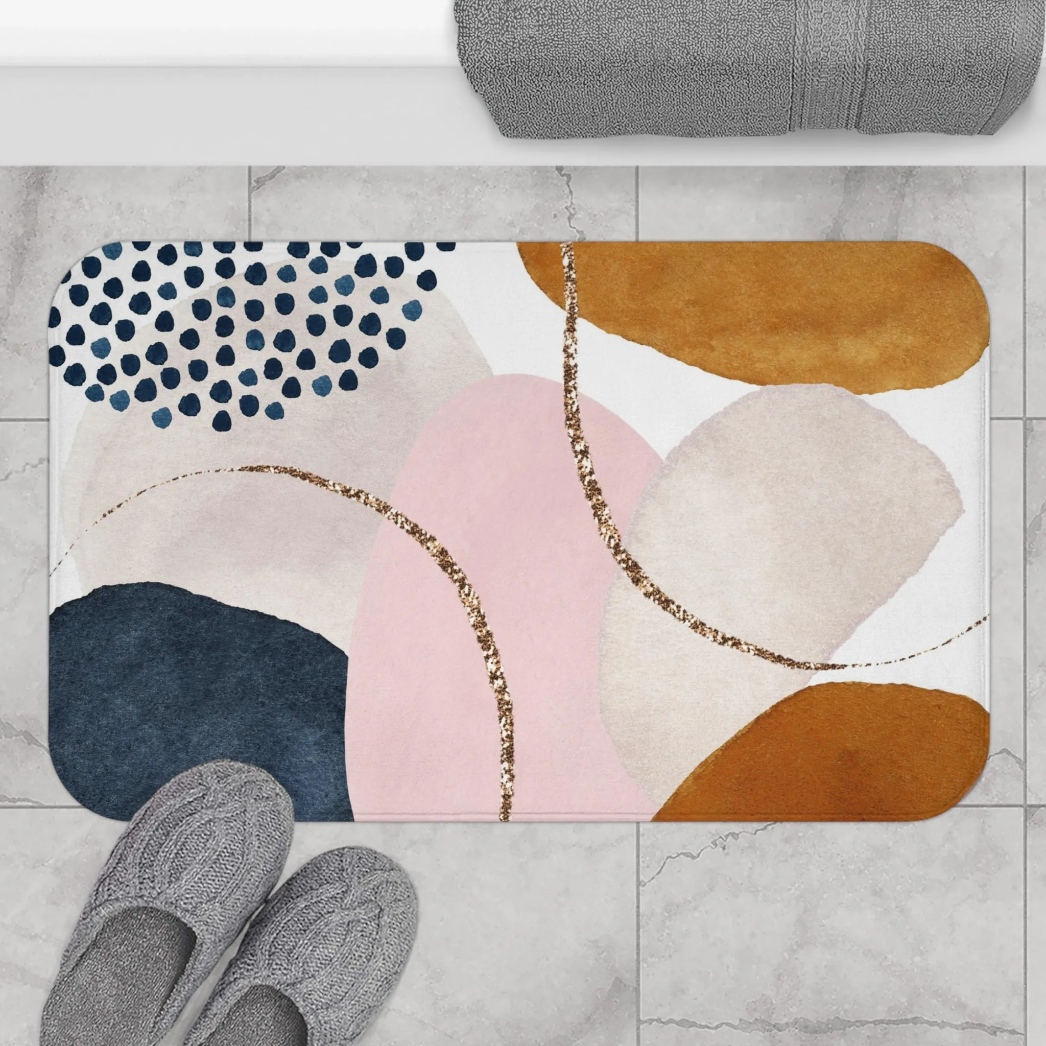 Abstract Bath, Kitchen Mat, Rug | Blush Pink, Beige Ivory, Navy Blue