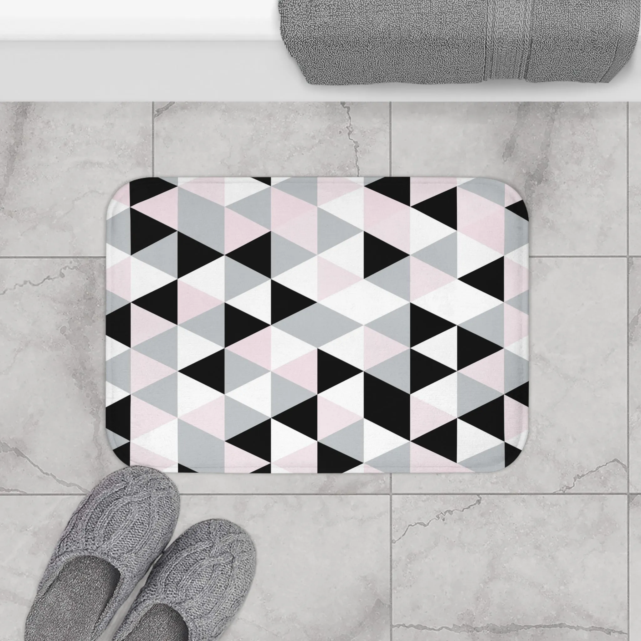 Abstract Bath, Kitchen Mat, Rug | Gray Black White Pink Geometric