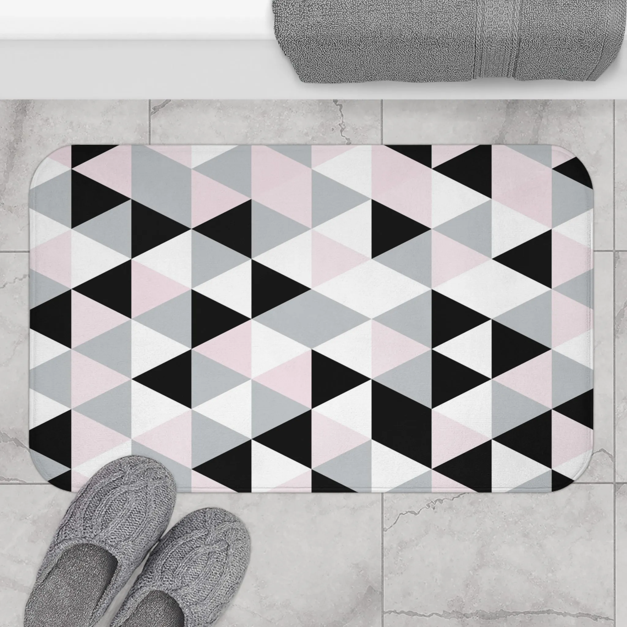 Abstract Bath, Kitchen Mat, Rug | Gray Black White Pink Geometric