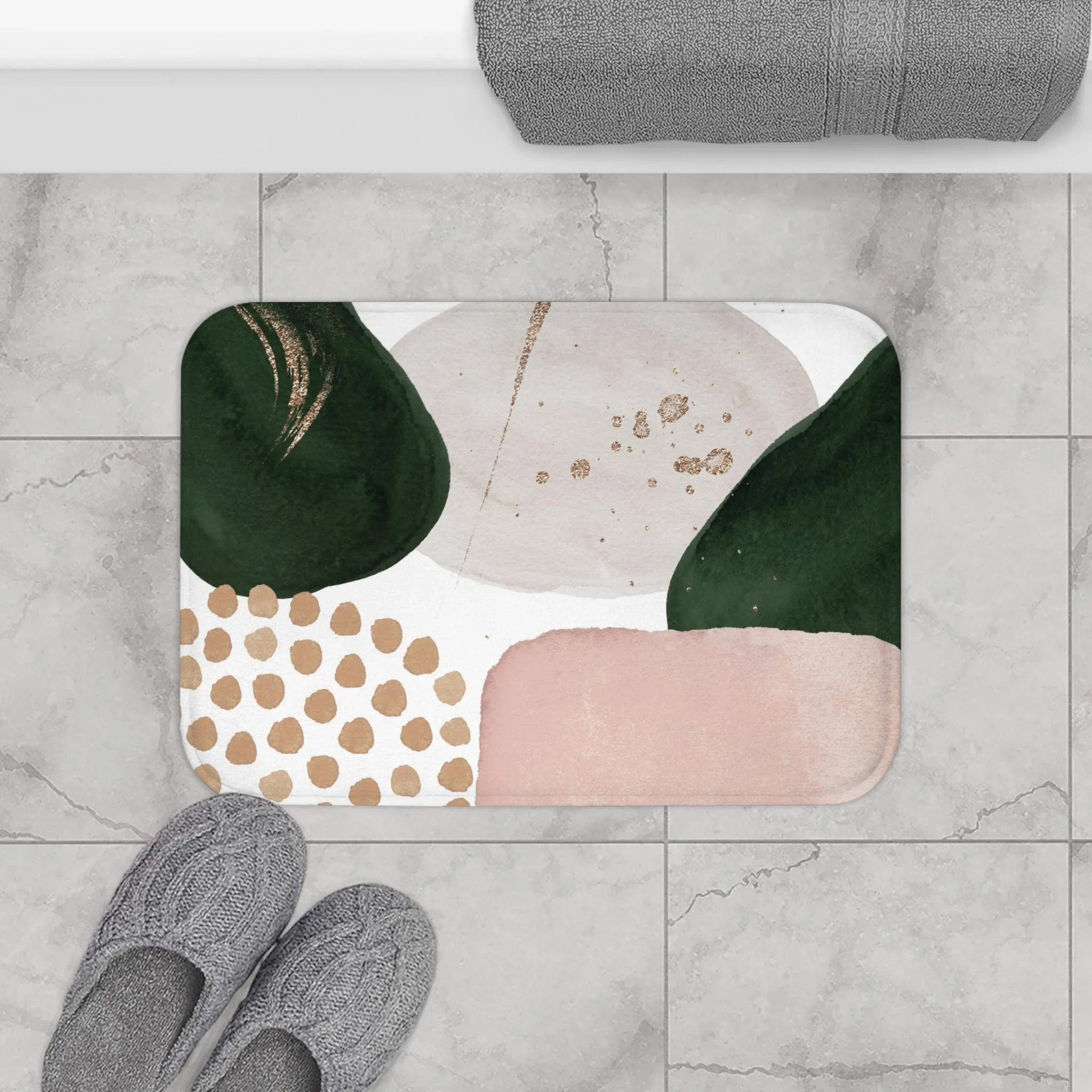 Abstract Bath, Kitchen Mat, Rug | Green Ivory, Blush Pink Beige