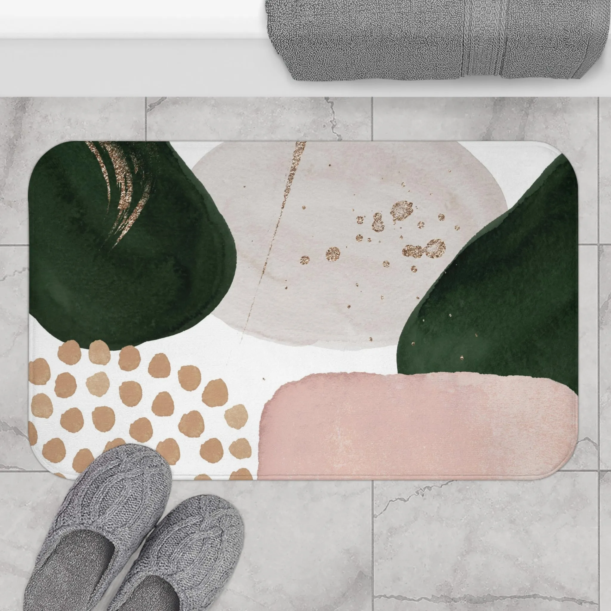 Abstract Bath, Kitchen Mat, Rug | Green Ivory, Blush Pink Beige