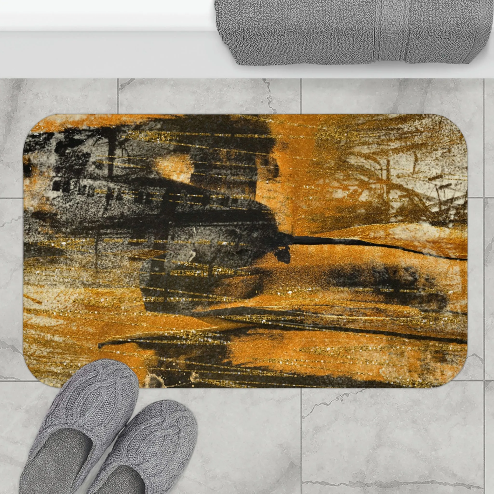 Abstract Bath Mat | Rustic Black Orange