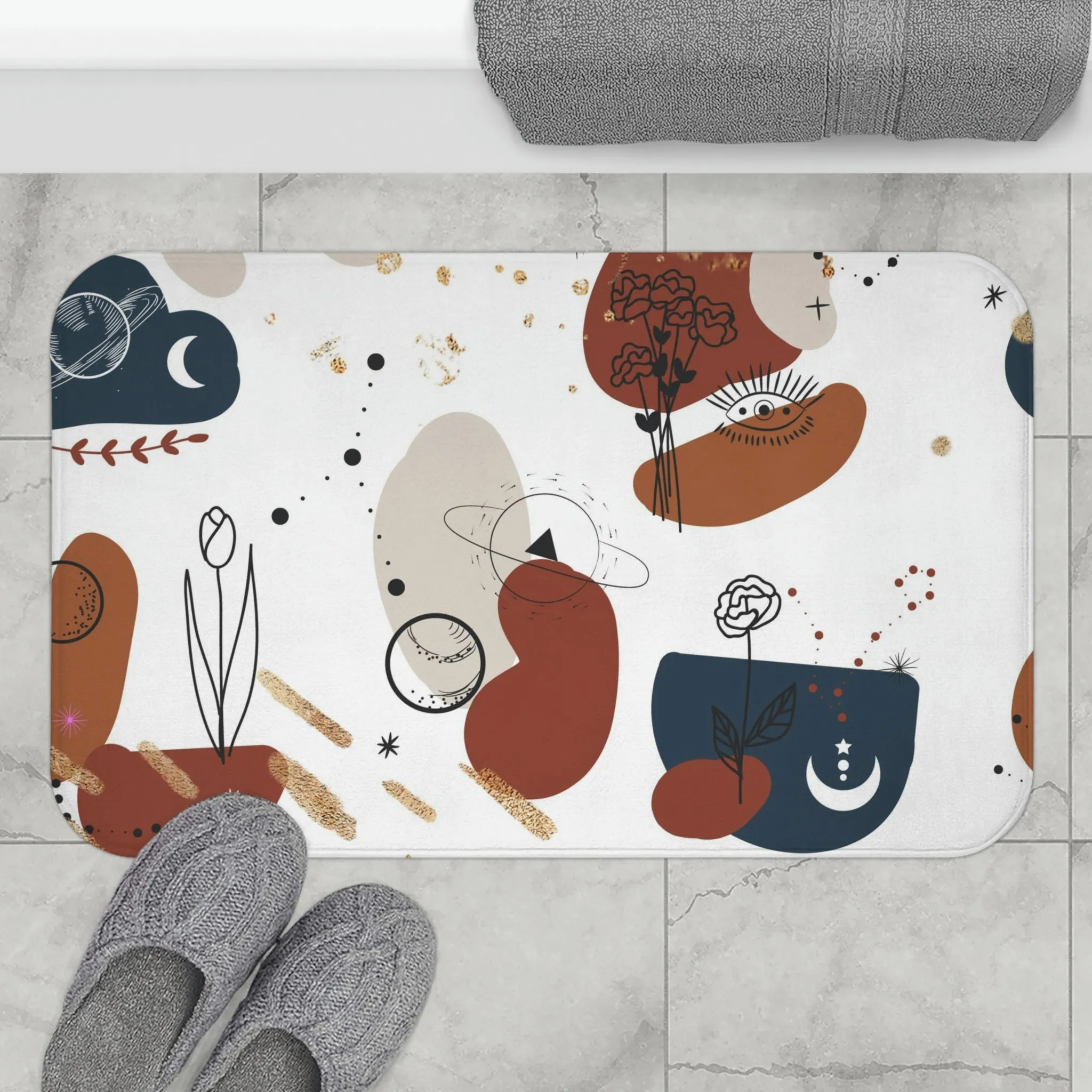 Abstract Boho Bath, Kitchen Mat | Mid Century Navy Beige White