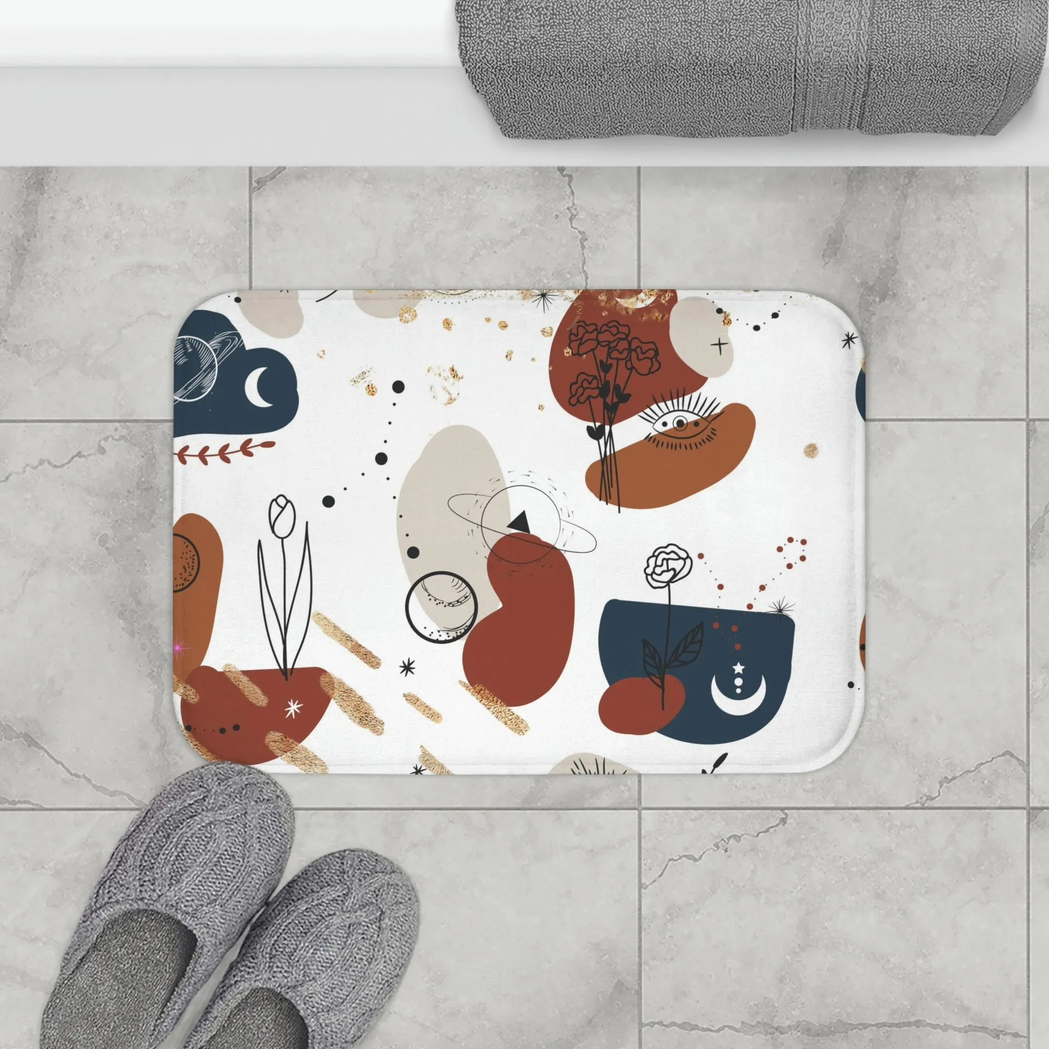 Abstract Boho Bath, Kitchen Mat | Mid Century Navy Beige White