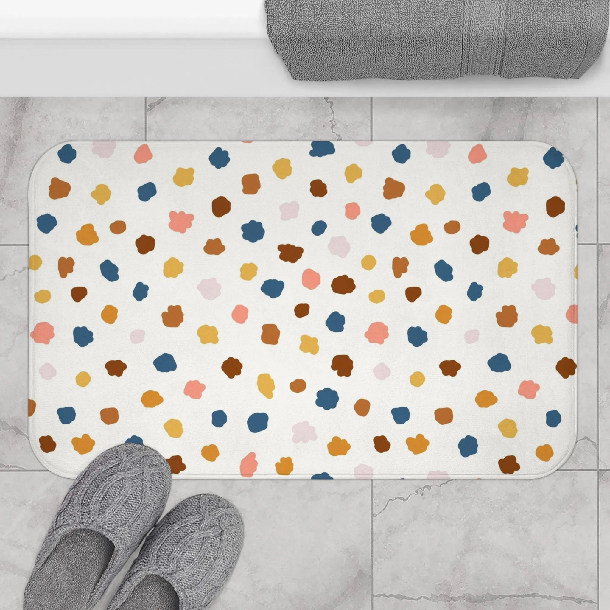 Abstract Boho Bath, Kitchen Mat, Rug | Colorful Blue Rust Yellow Pink