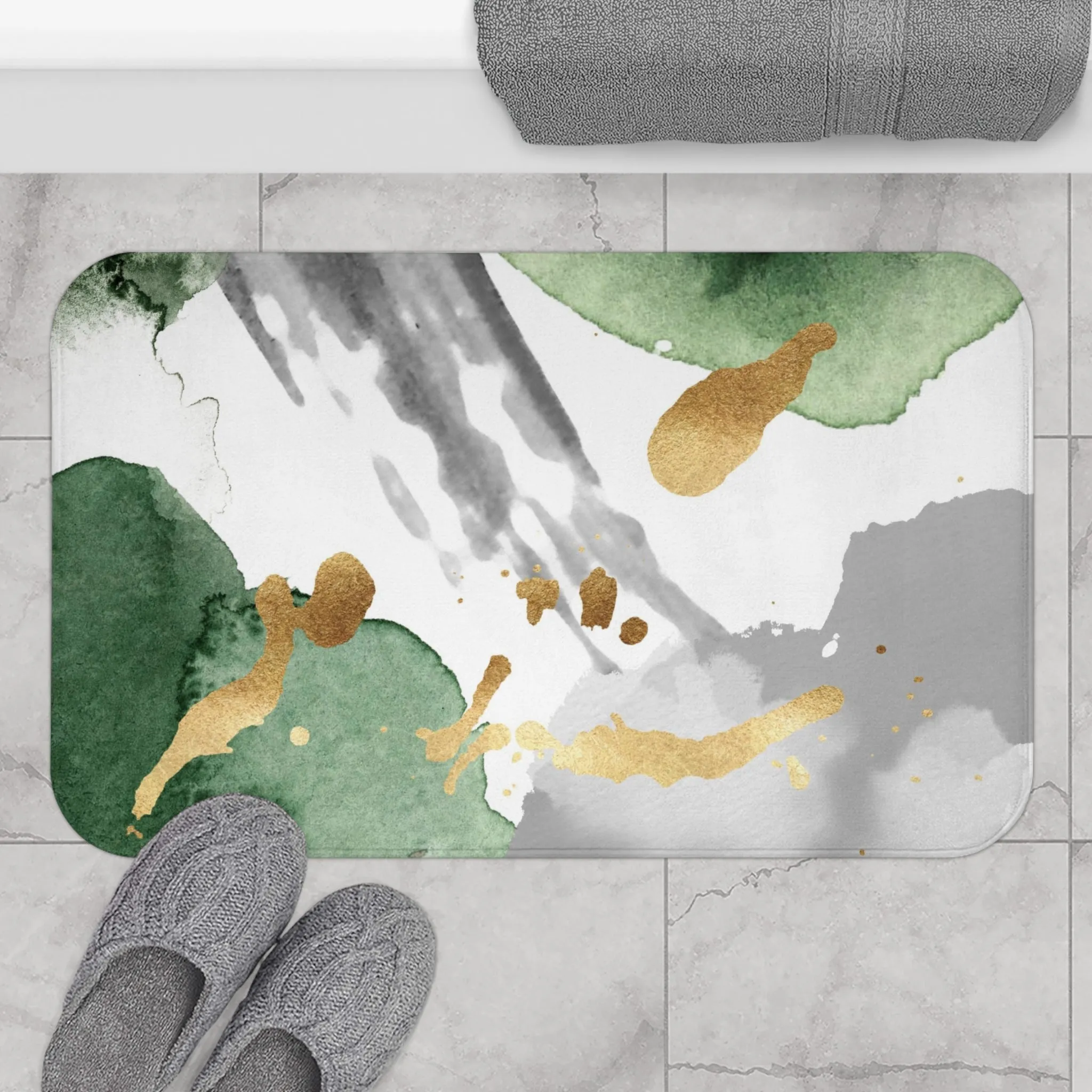 Abstract Boho Bath, Kitchen Mat, Rug | Sage Green White Gray Gold