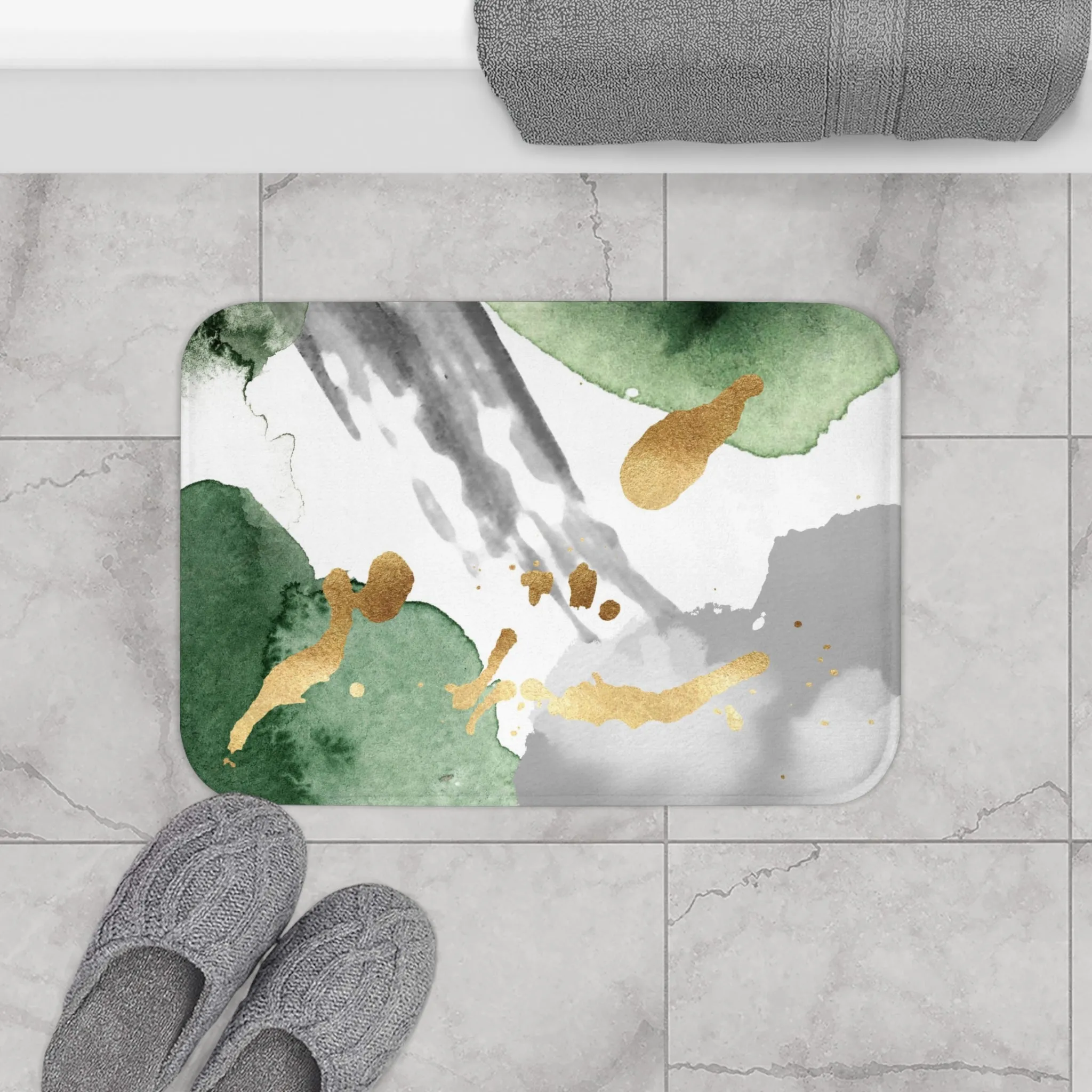 Abstract Boho Bath, Kitchen Mat, Rug | Sage Green White Gray Gold