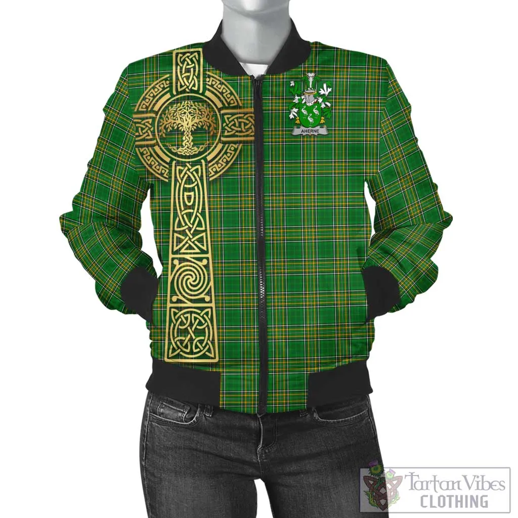 Aherne Irish Clan Tartan Bomber Jacket with Coat of Arms Celtic Tree of Life Style