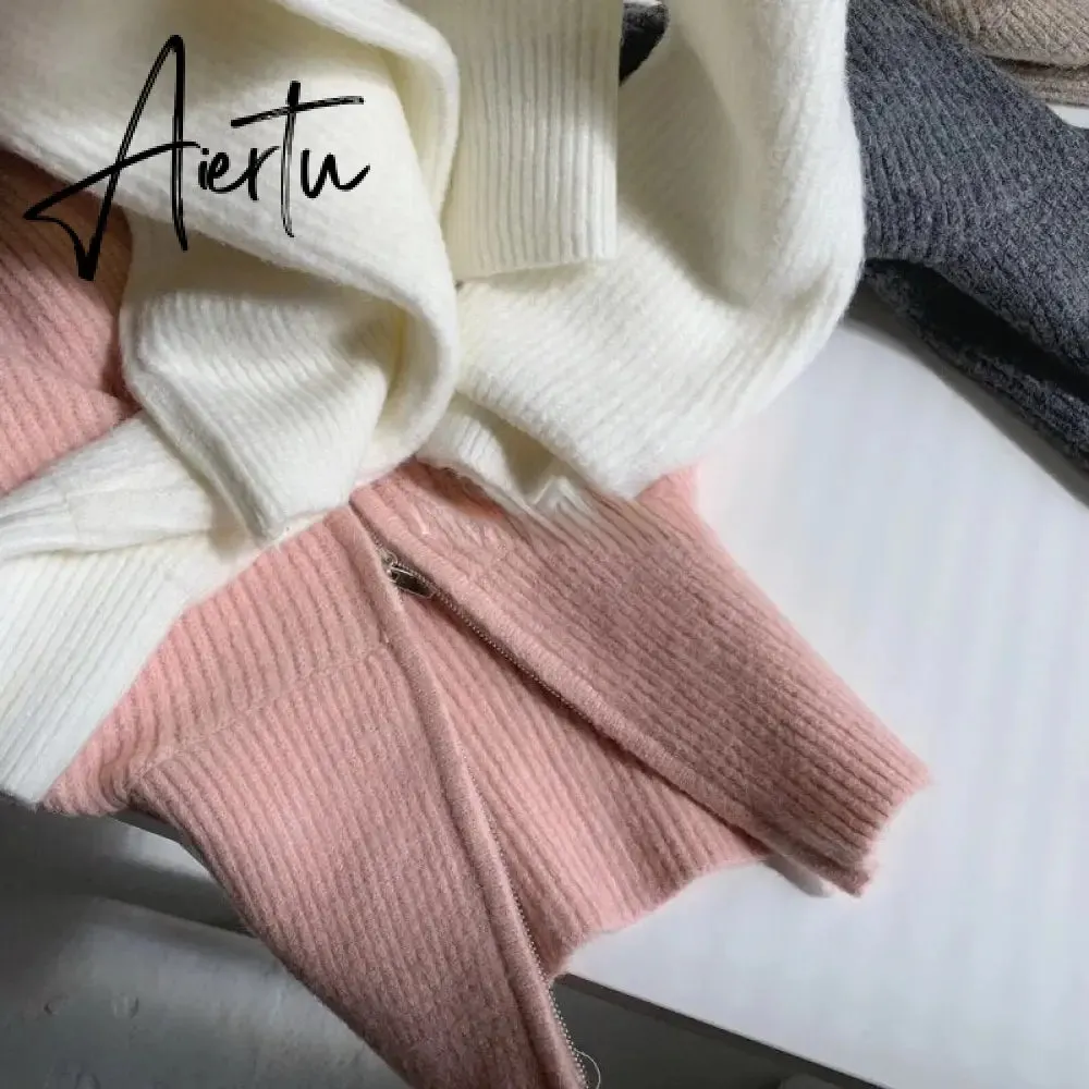 Aiertu Women Sweater Oversize Zipper Knitted Pullover Long Sleeve Solid Color Loose Ladies Sweaters Autumn Winter Women's Turtleneck