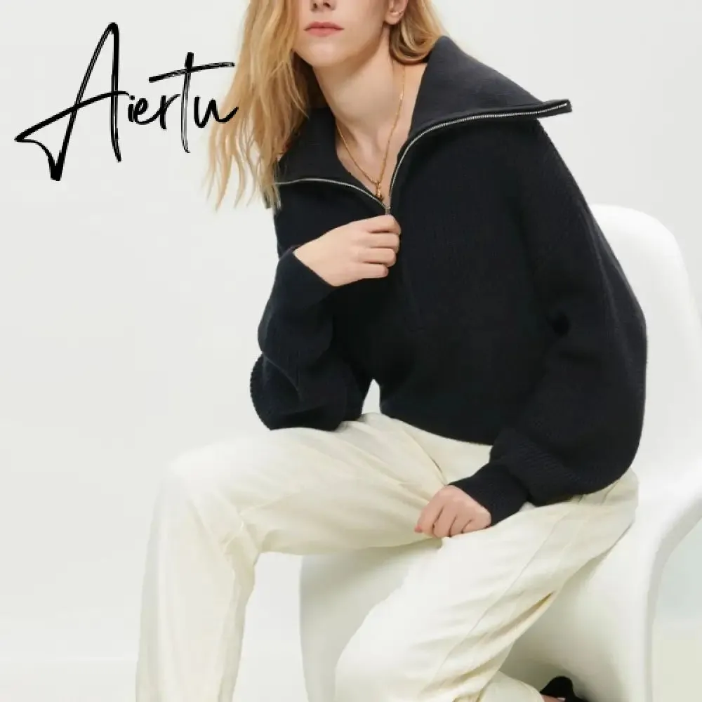 Aiertu Women Sweater Oversize Zipper Knitted Pullover Long Sleeve Solid Color Loose Ladies Sweaters Autumn Winter Women's Turtleneck