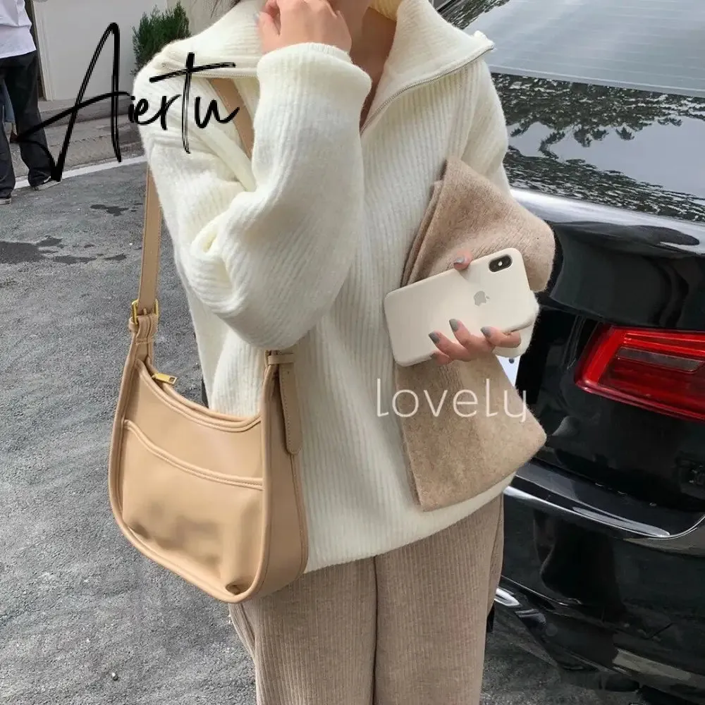 Aiertu Women Sweater Oversize Zipper Knitted Pullover Long Sleeve Solid Color Loose Ladies Sweaters Autumn Winter Women's Turtleneck