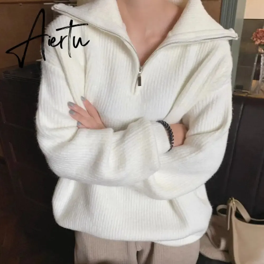 Aiertu Women Sweater Oversize Zipper Knitted Pullover Long Sleeve Solid Color Loose Ladies Sweaters Autumn Winter Women's Turtleneck