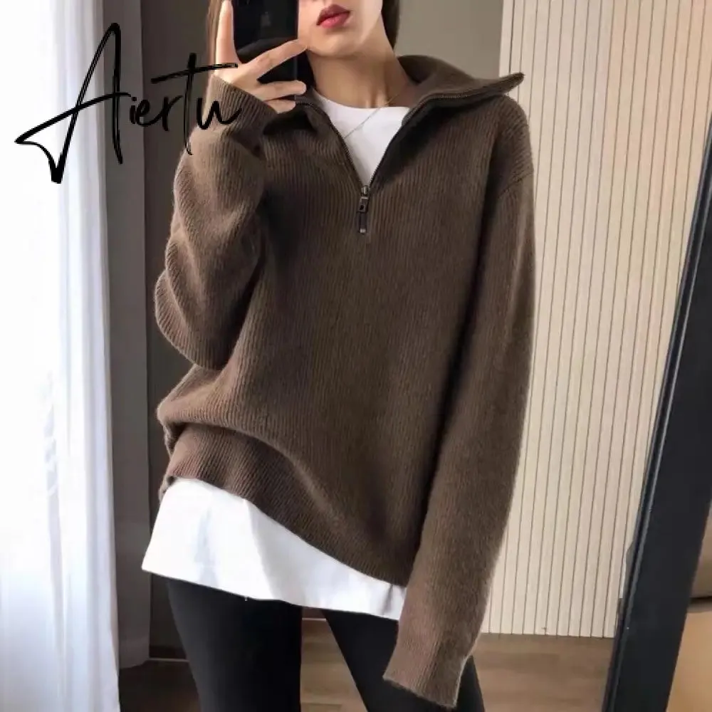 Aiertu Women Sweater Oversize Zipper Knitted Pullover Long Sleeve Solid Color Loose Ladies Sweaters Autumn Winter Women's Turtleneck